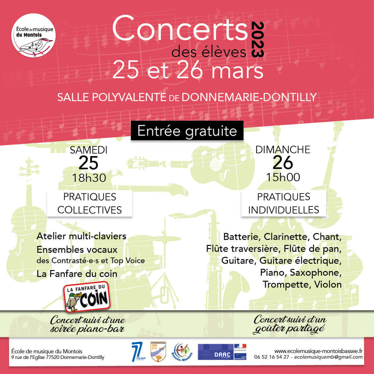 Affiche du concert des élèves 2023 des samedi 25 et dimanche 26 mars